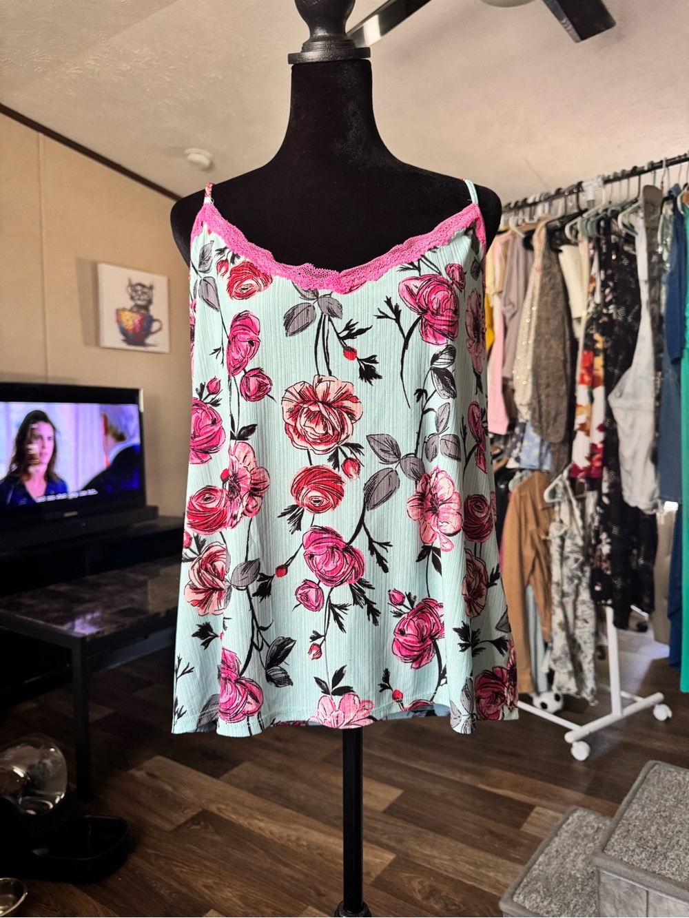 Secret Treasures Mint Floral Camisole with Pink Lace Trim